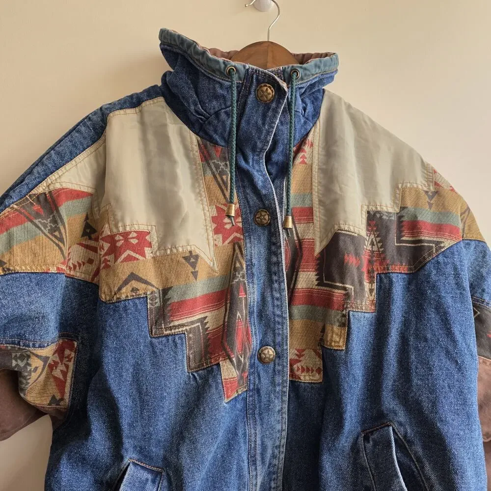 VTG 90s Izzi Western Denim Jacket Southwest Aztec Geometric Patchwork Oversize L - Picture 2 of 12